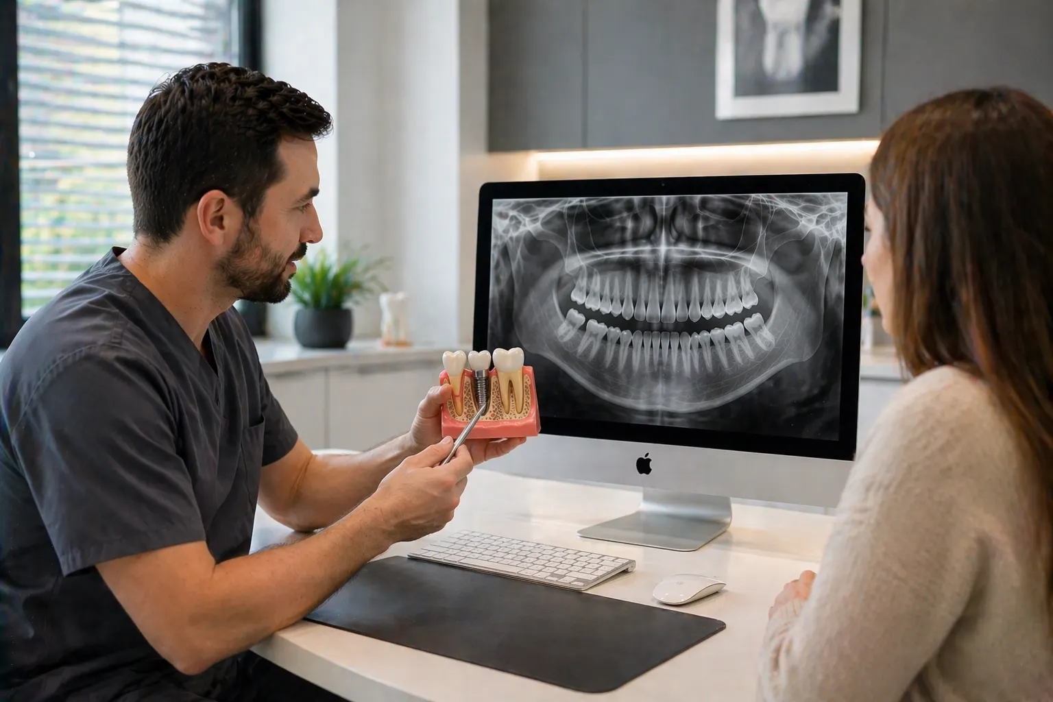 Стоматолог показывает пациентке макет зубных имплантов, на мониторе рентгеновский снимок с отсутствующим зубом